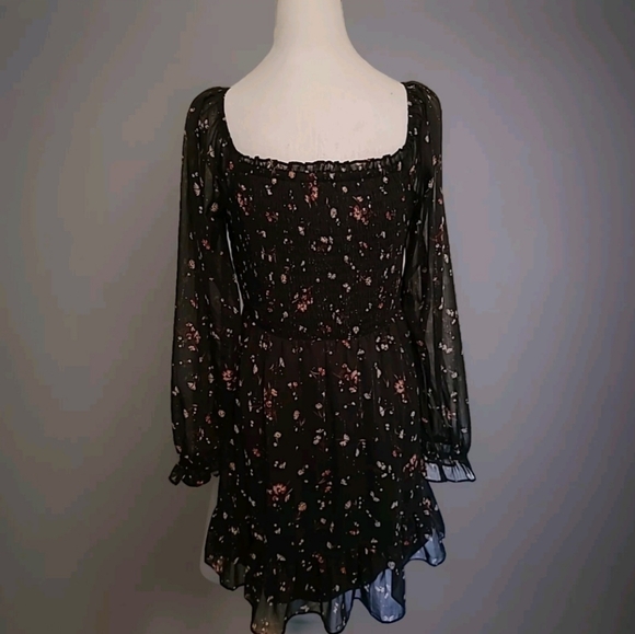 As U Wish Black Floral Print Cottage Core Boho Ruffle Hem Smock Dress Sz L EUC - Picture 1 of 9